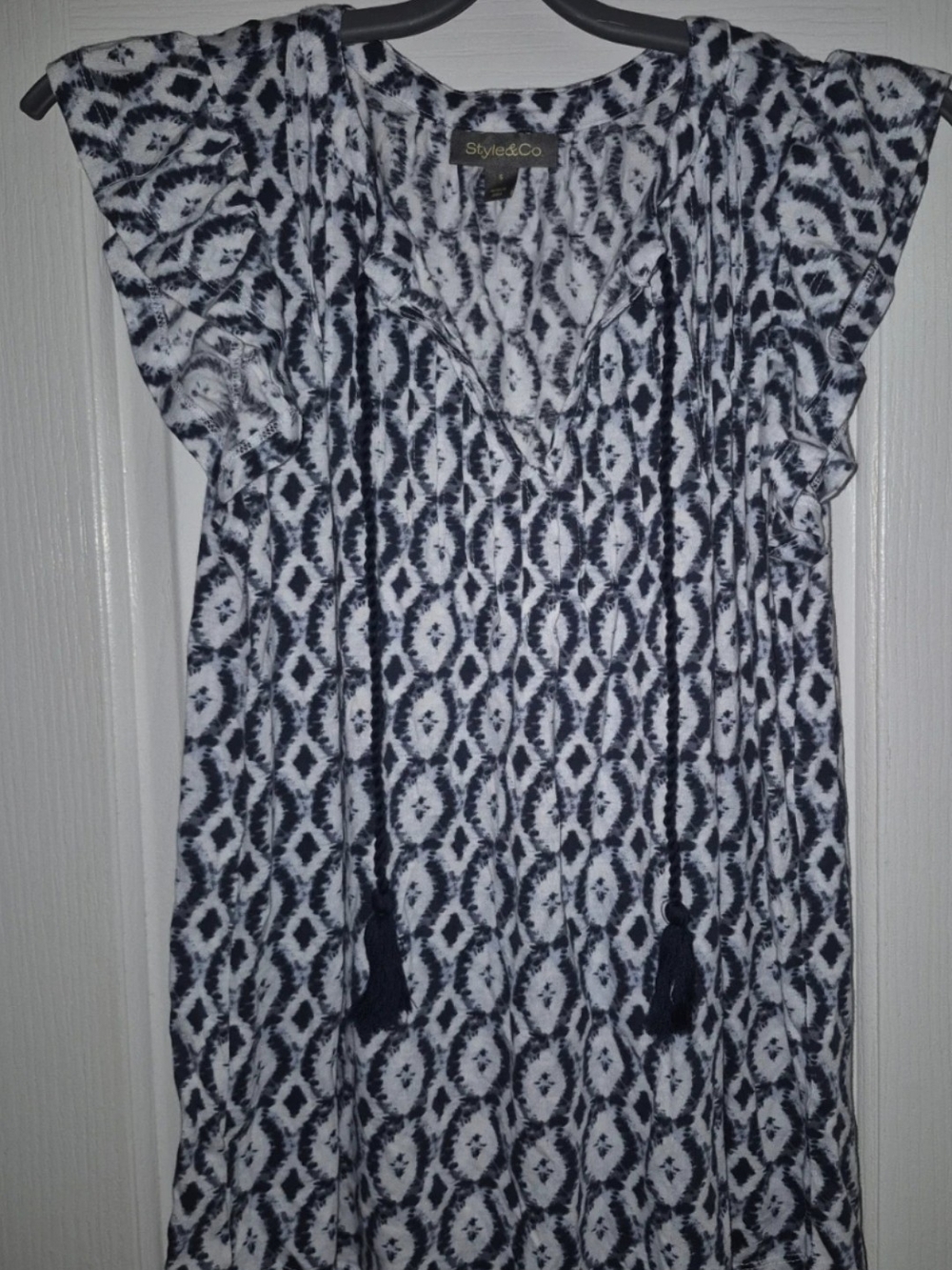 Style & Co. Black and White Ikat-Print V-Neck Tunic with Tassels